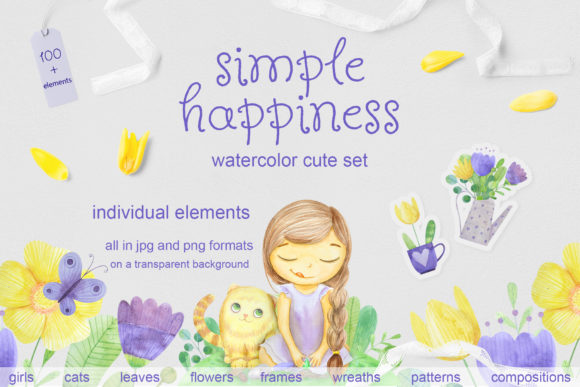 Set of Watercolor Flowers, Leaves, Cat and Girl – A Collection for Every Creative Project